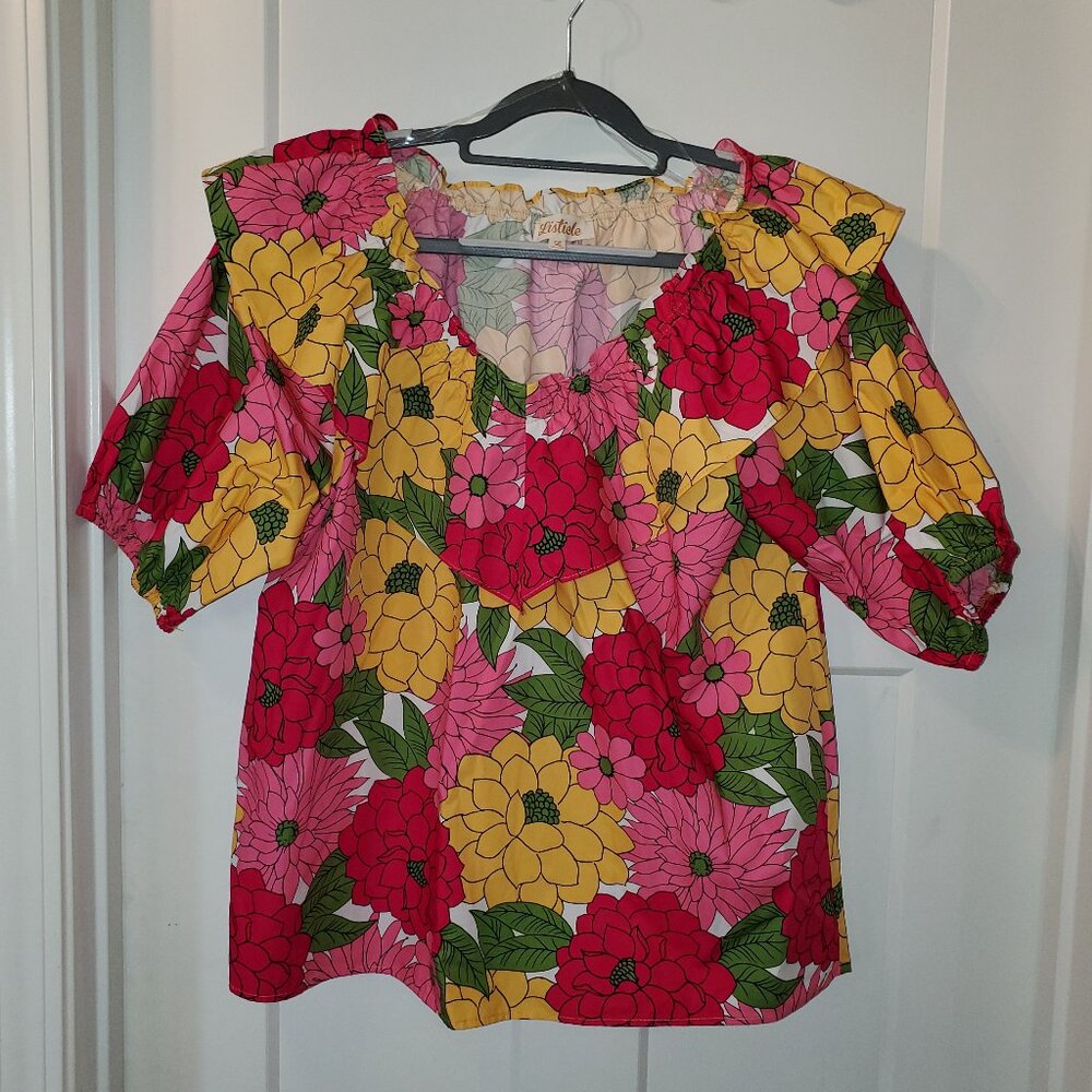 Listicle Pink and Yellow Floral On or  Off the Shoulder Short Sleeve Top Large